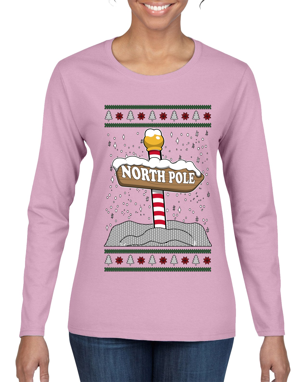 North Pole, Ugly Christmas Sweater Womens Graphic Long Sleeve T-Shirt