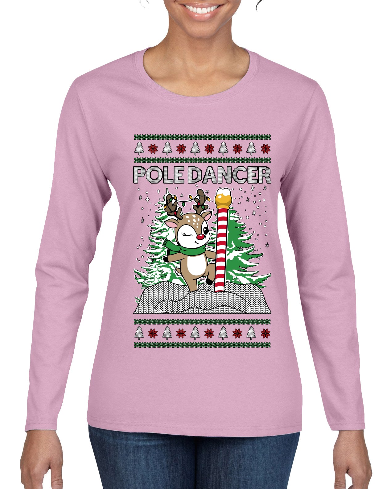 Pole Dancer, Ugly Christmas Sweater Womens Graphic Long Sleeve T-Shirt