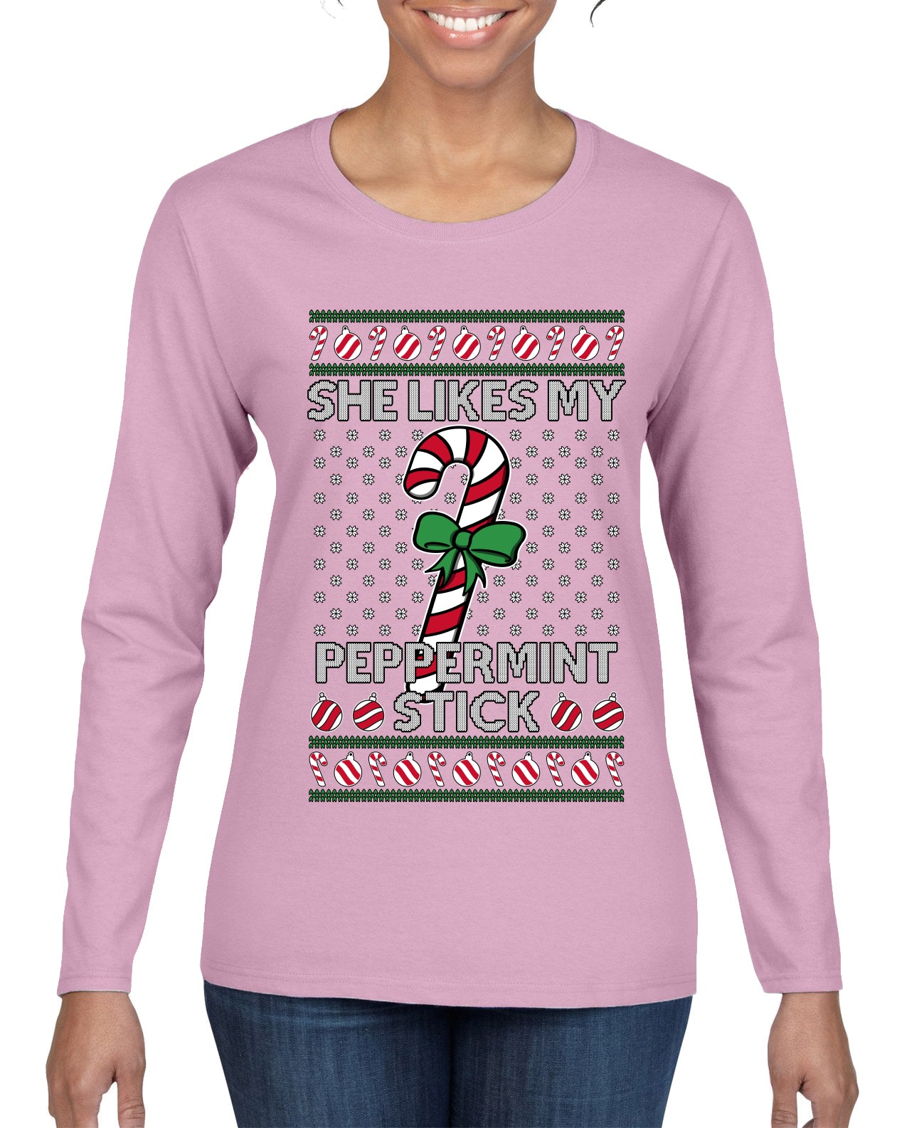 She Likes My Peppermint Stick, Ugly Christmas Sweater Womens Graphic Long Sleeve T-Shirt