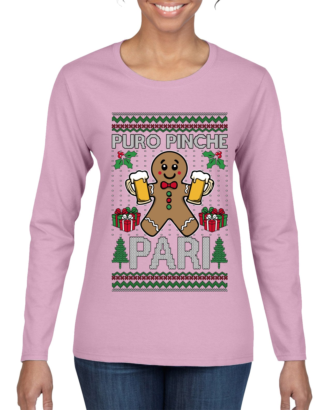 Puro Pinche Pari, Ugly Christmas Sweater Womens Graphic Long Sleeve T-Shirt