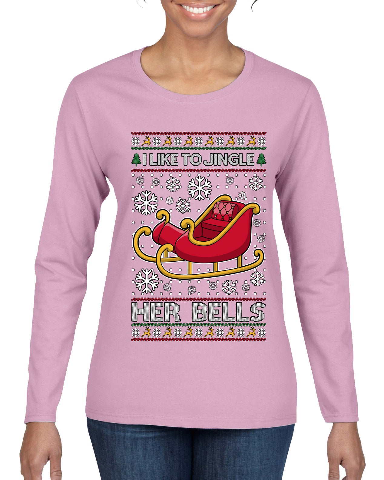 I Like To Jingle Her Bells, Ugly Christmas Sweater Womens Graphic Long Sleeve T-Shirt