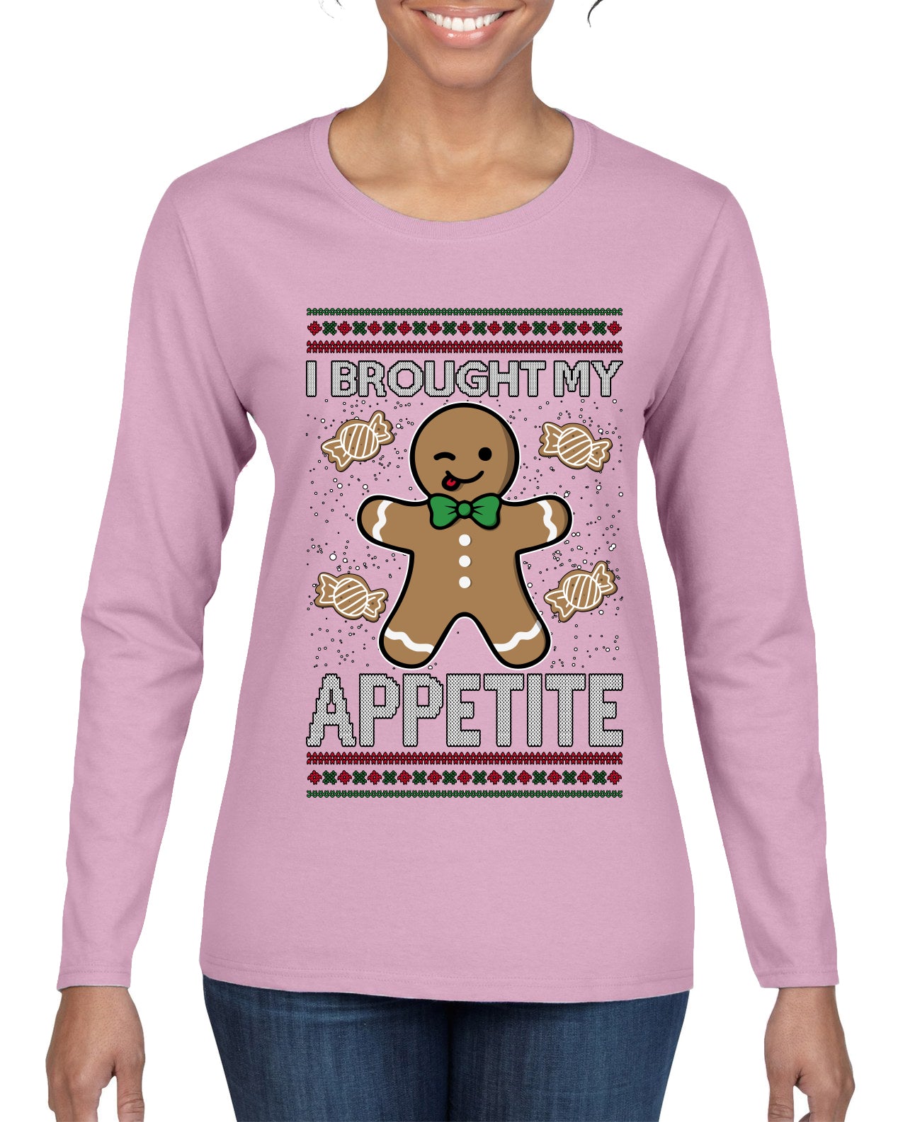 I Brought My Appetitie, Ugly Christmas Sweater Womens Graphic Long Sleeve T-Shirt
