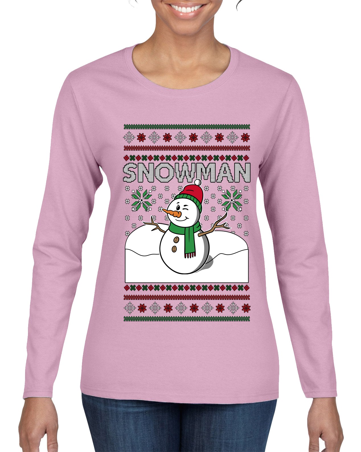 Snowman, Ugly Christmas Sweater Womens Graphic Long Sleeve T-Shirt