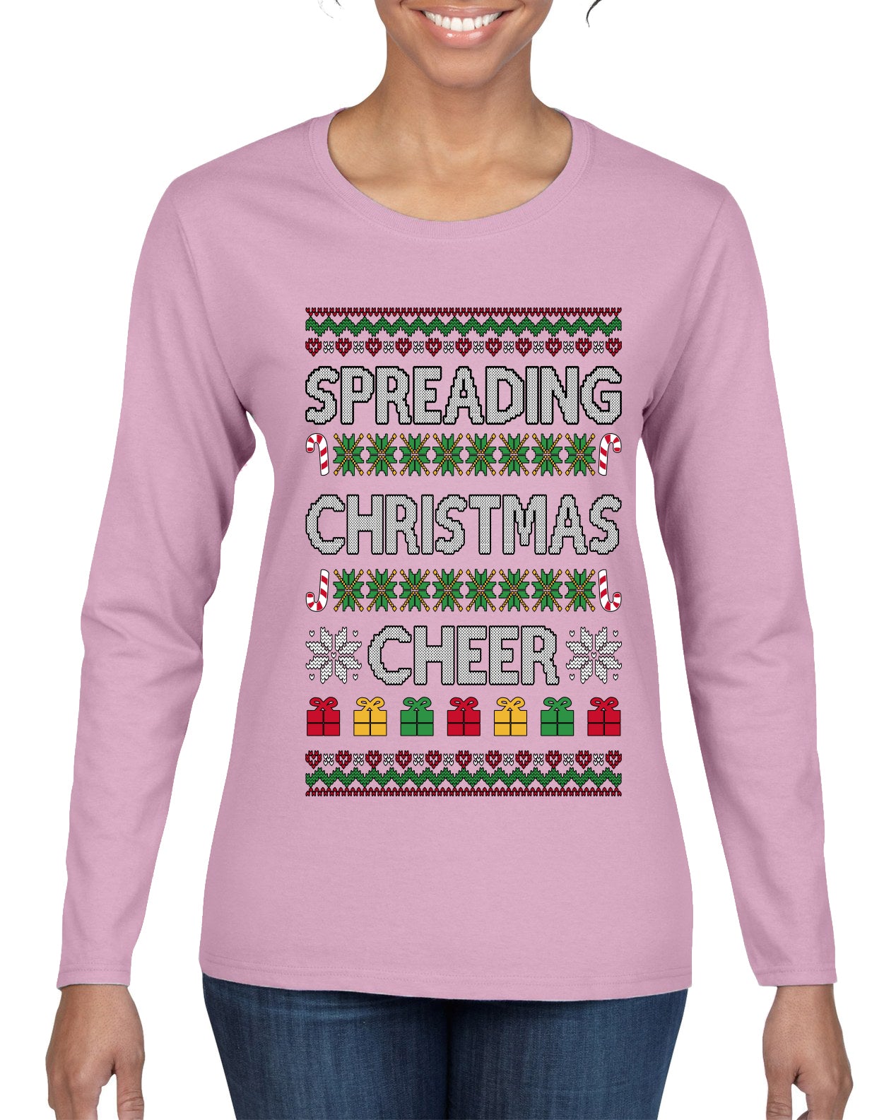 Spreading Christmas Cheer, Ugly Christmas Sweater Womens Graphic Long Sleeve T-Shirt