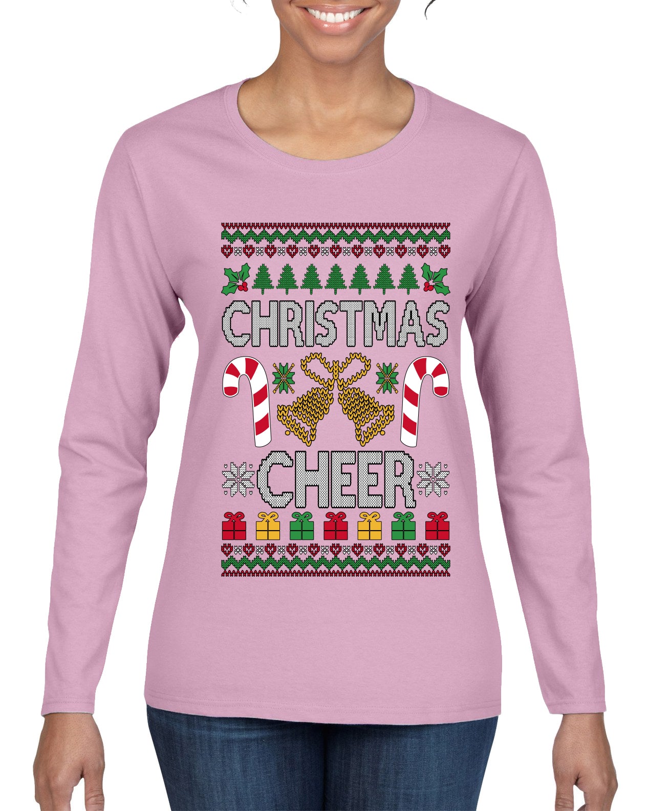 Christmas Cheer, Ugly Christmas Sweater Womens Graphic Long Sleeve T-Shirt