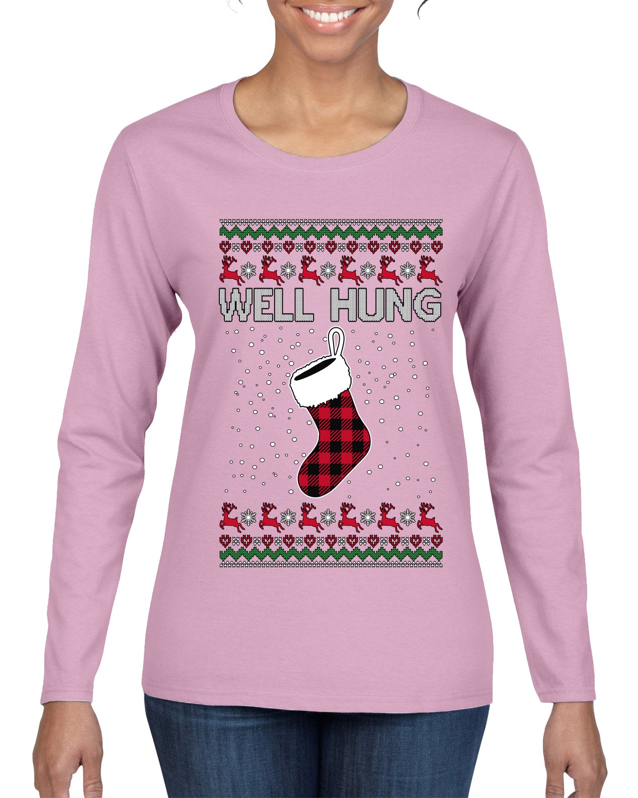 Well Hung, Ugly Christmas Sweater Womens Graphic Long Sleeve T-Shirt