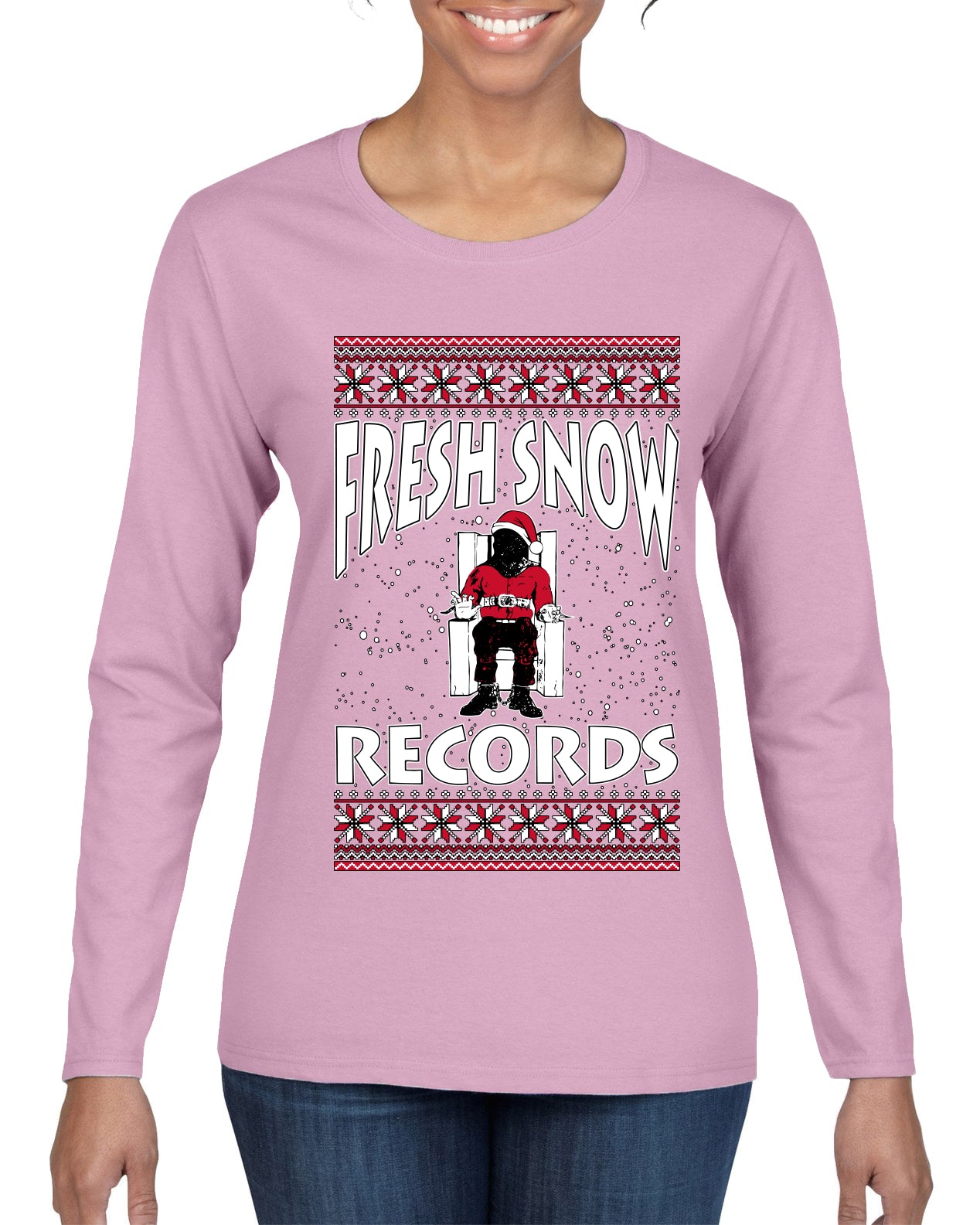 Fresh Snow Records Hip Hop Parody, Ugly Christmas Sweater Womens Graphic Long Sleeve T-Shirt