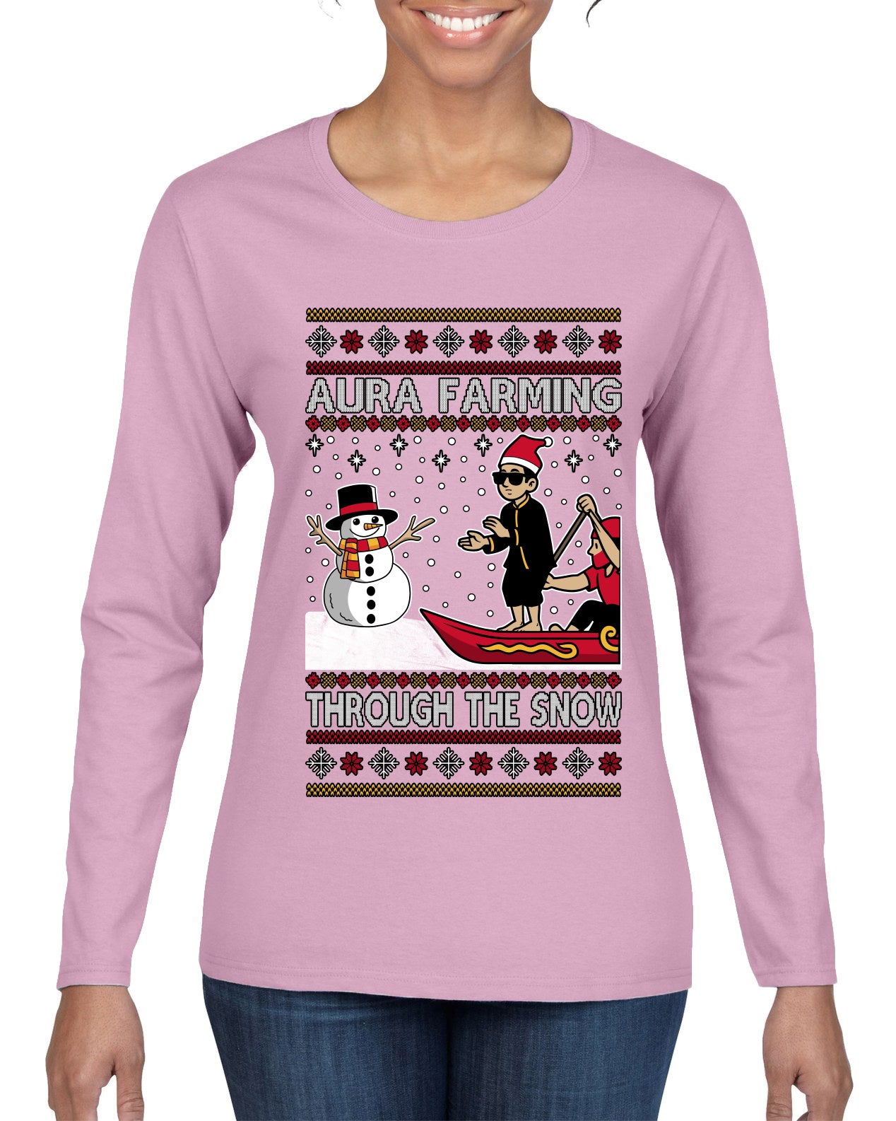 Aura Farming Through The Snow Meme, Ugly Christmas Sweater Womens Graphic Long Sleeve T-Shirt