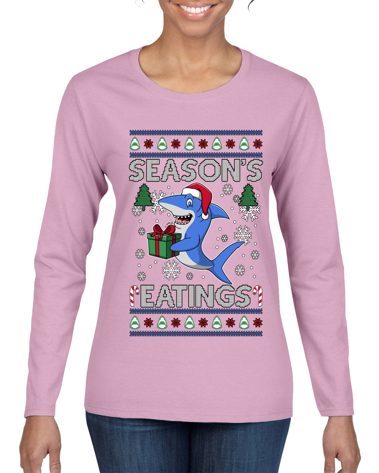 Season's Eatings Shark, Ugly Christmas Sweater Womens Graphic Long Sleeve T-Shirt