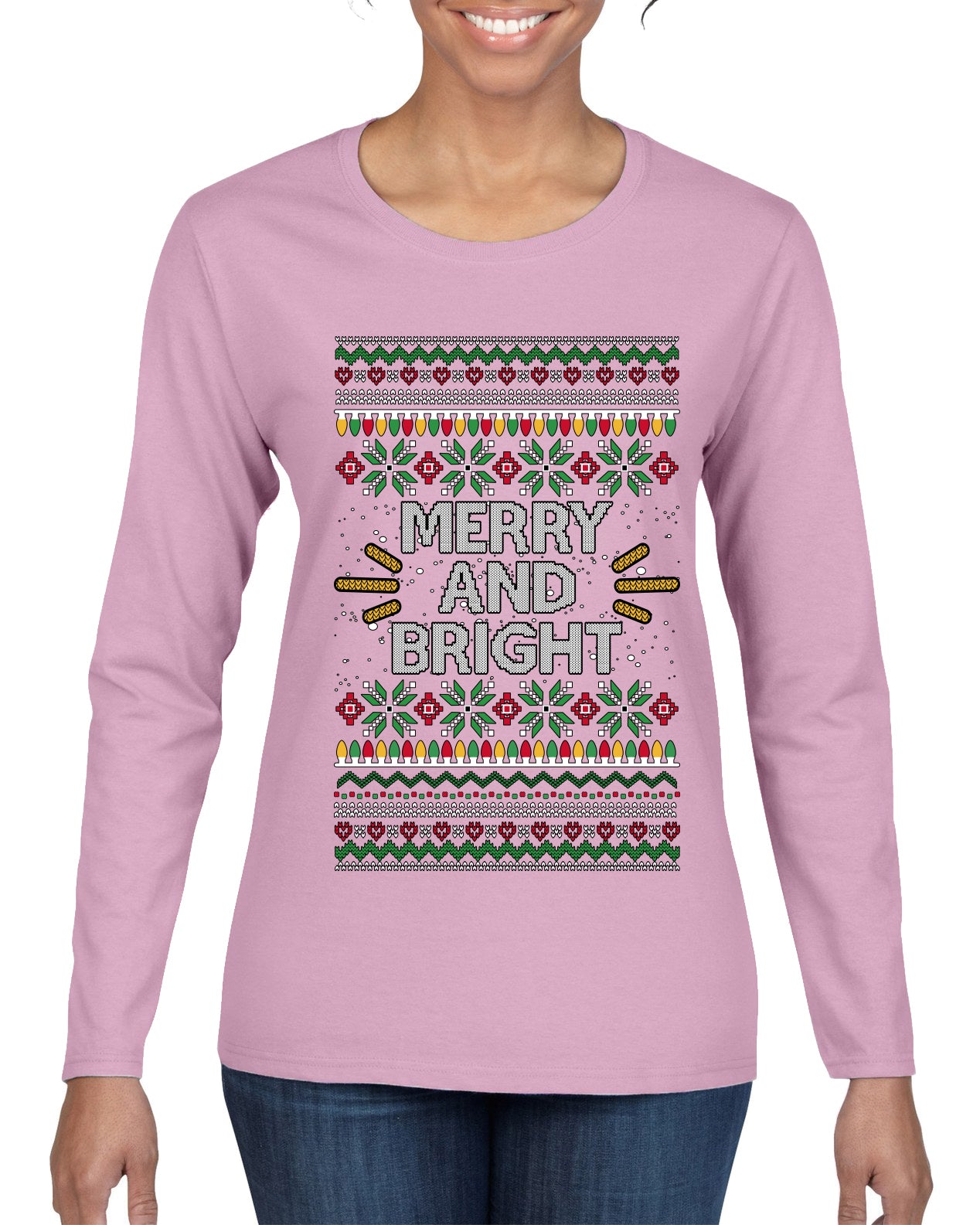 Merry And Bright, Ugly Christmas Sweater Womens Graphic Long Sleeve T-Shirt