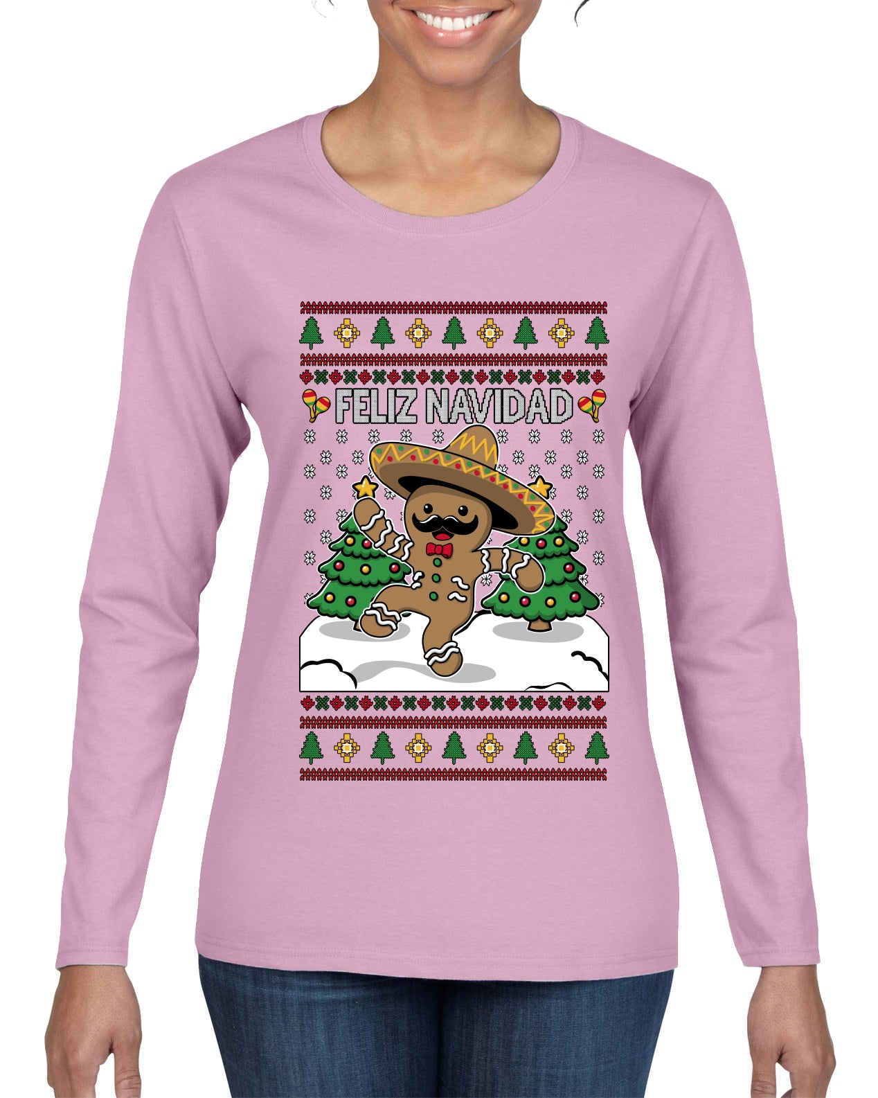 Feliz Navidad Dancing Gingerbread Man, Ugly Christmas Sweater Womens Graphic Long Sleeve T-Shirt