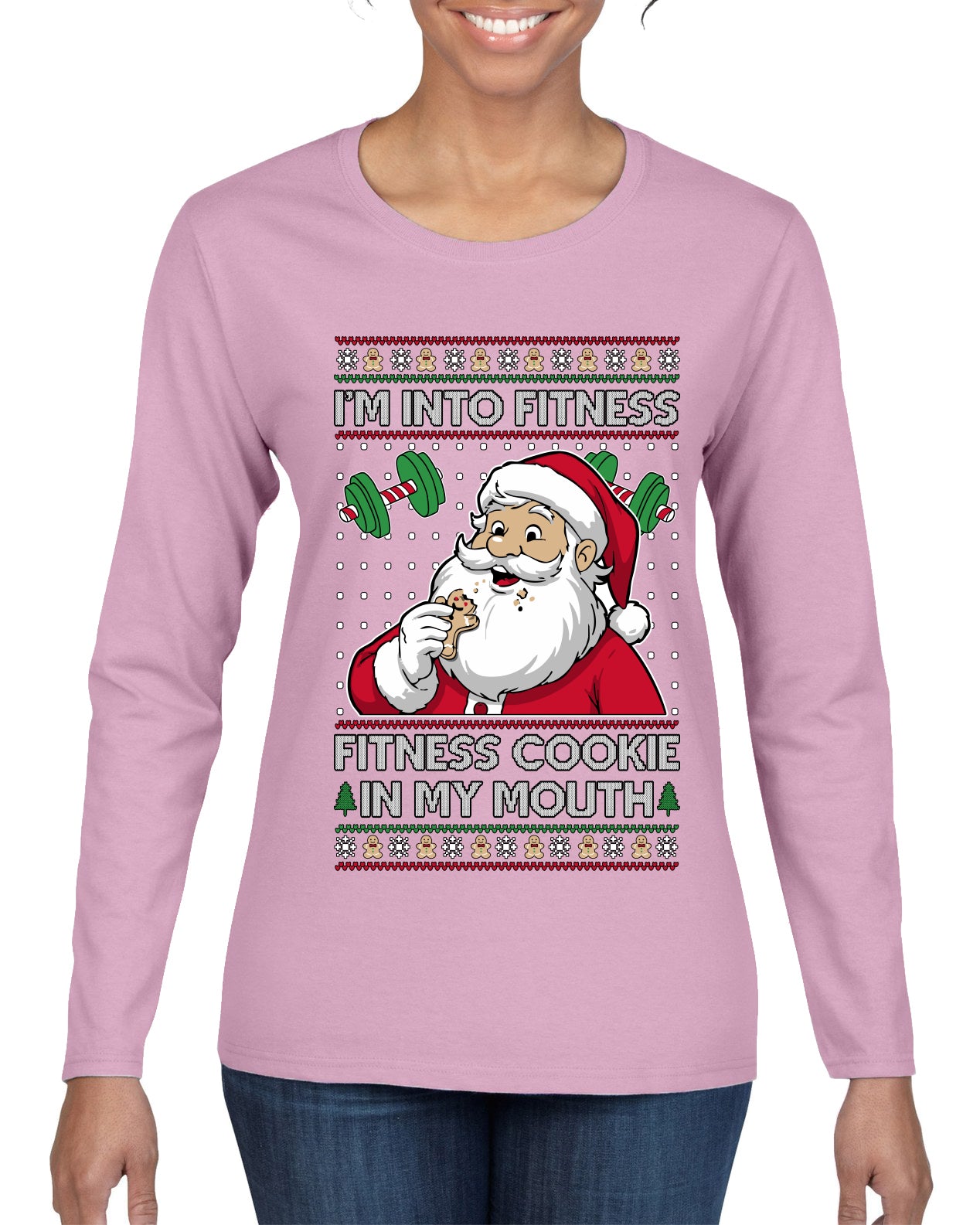 I'm Into Fitness Cookie In My Mouth Santa, Ugly Christmas Sweater Womens Graphic Long Sleeve T-Shirt