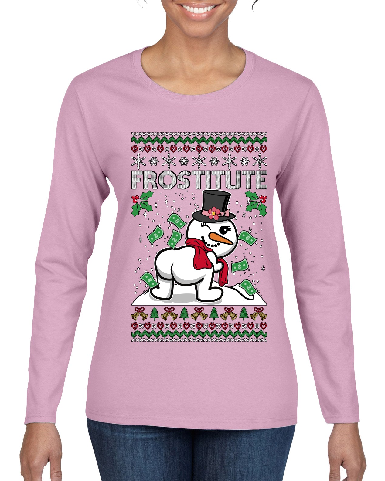 Frostitute, Ugly Christmas Sweater Womens Graphic Long Sleeve T-Shirt