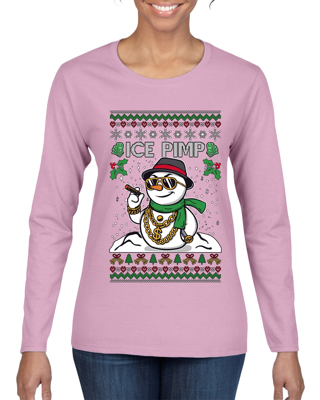 Ice Pimp, Ugly Christmas Sweater Womens Graphic Long Sleeve T-Shirt