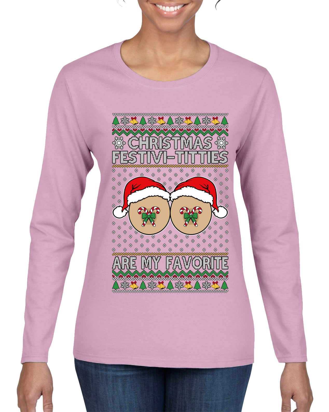 Christmas Festivi-Titties Are My Favorite, Ugly Christmas Sweater Womens Graphic Long Sleeve T-Shirt