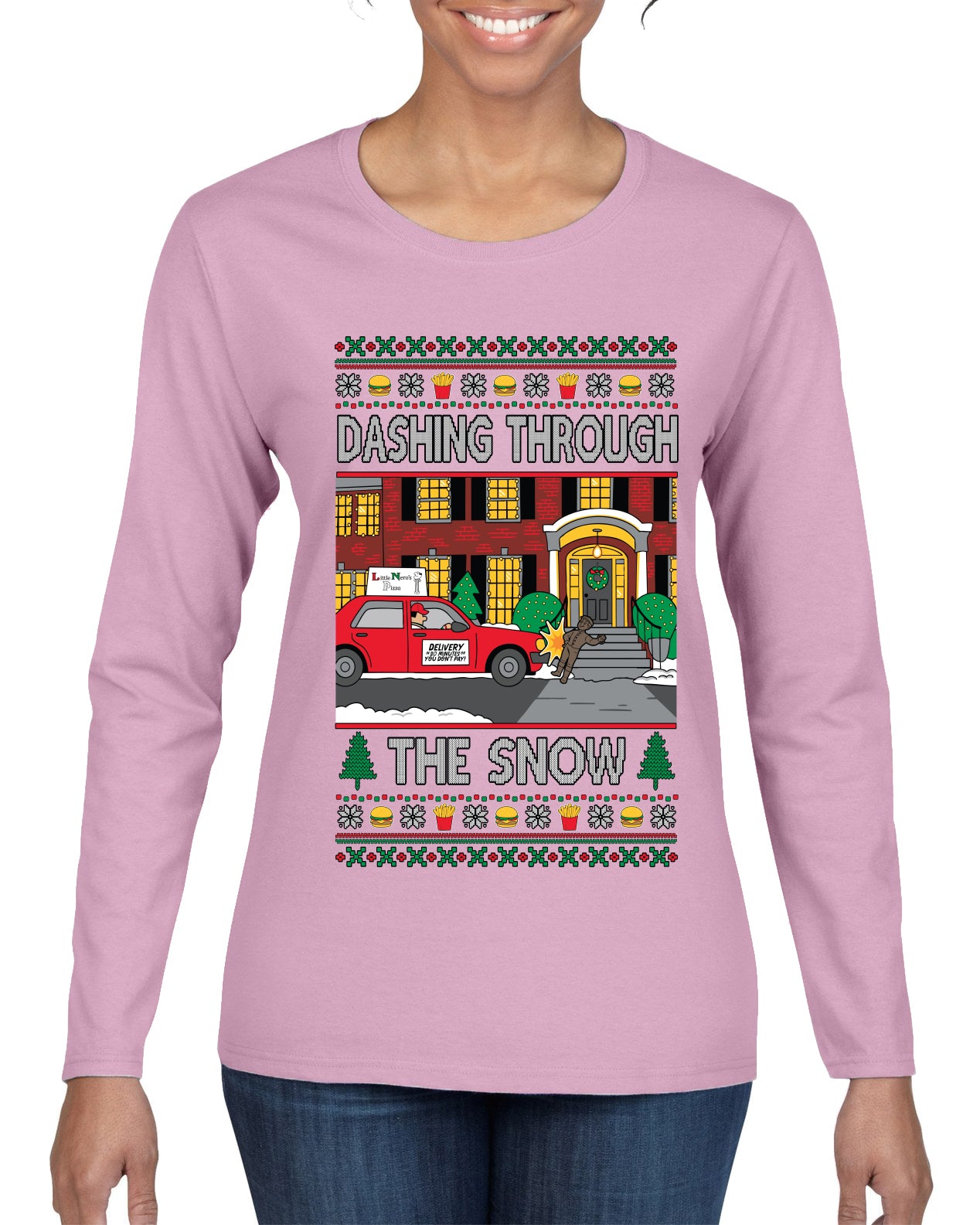 Dashing Through The Snow Classic 90s Holiday Movie, Ugly Christmas Sweater Womens Graphic Long Sleeve T-Shirt