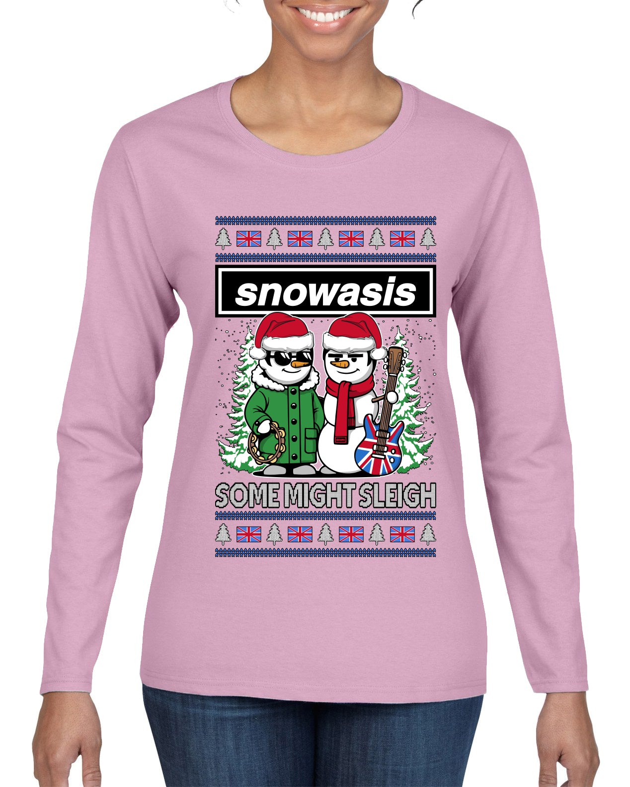 Snowasis English Rock Band Parody, Ugly Christmas Sweater Womens Graphic Long Sleeve T-Shirt