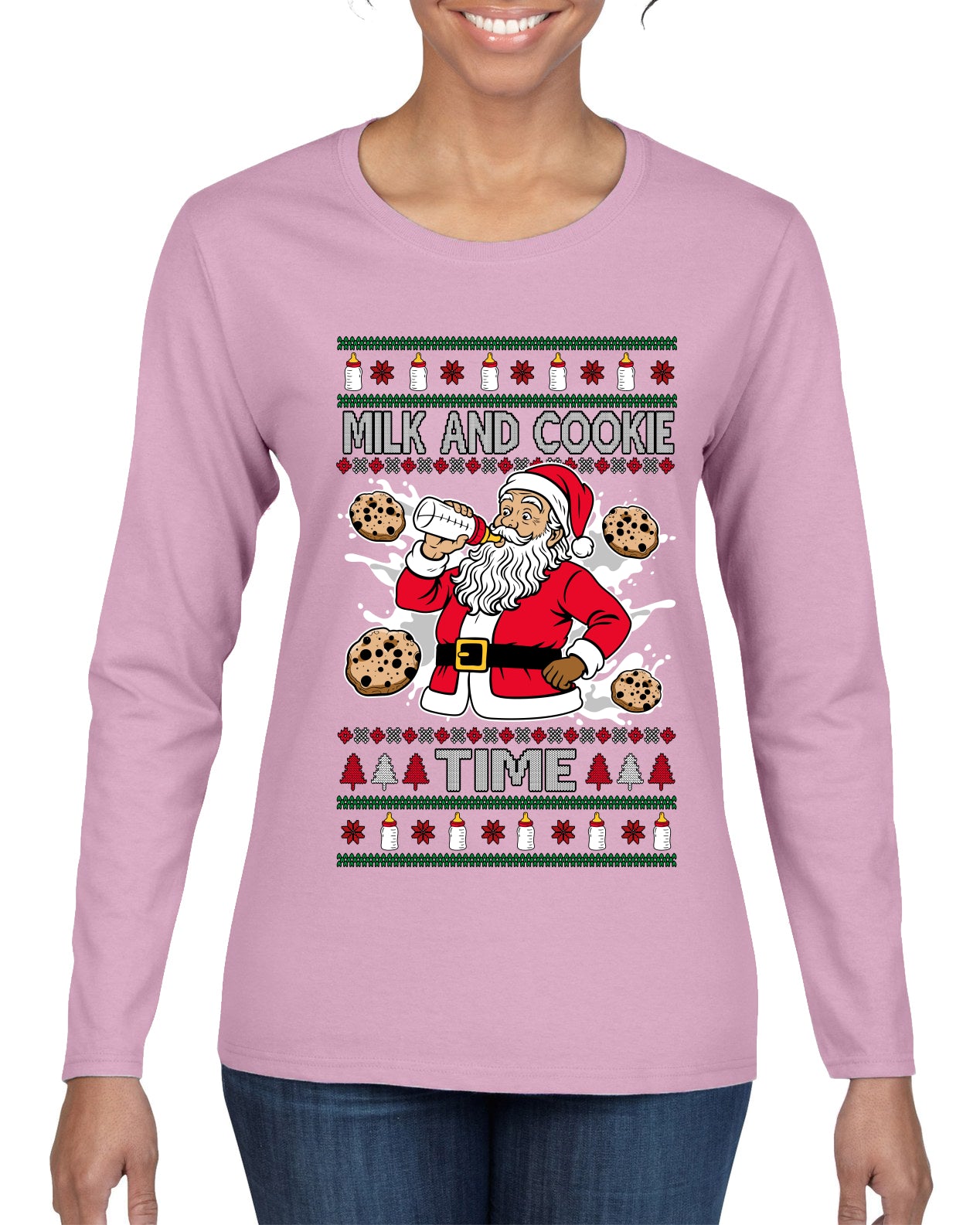 Milk And Cookie Time, Ugly Christmas Sweater Womens Graphic Long Sleeve T-Shirt