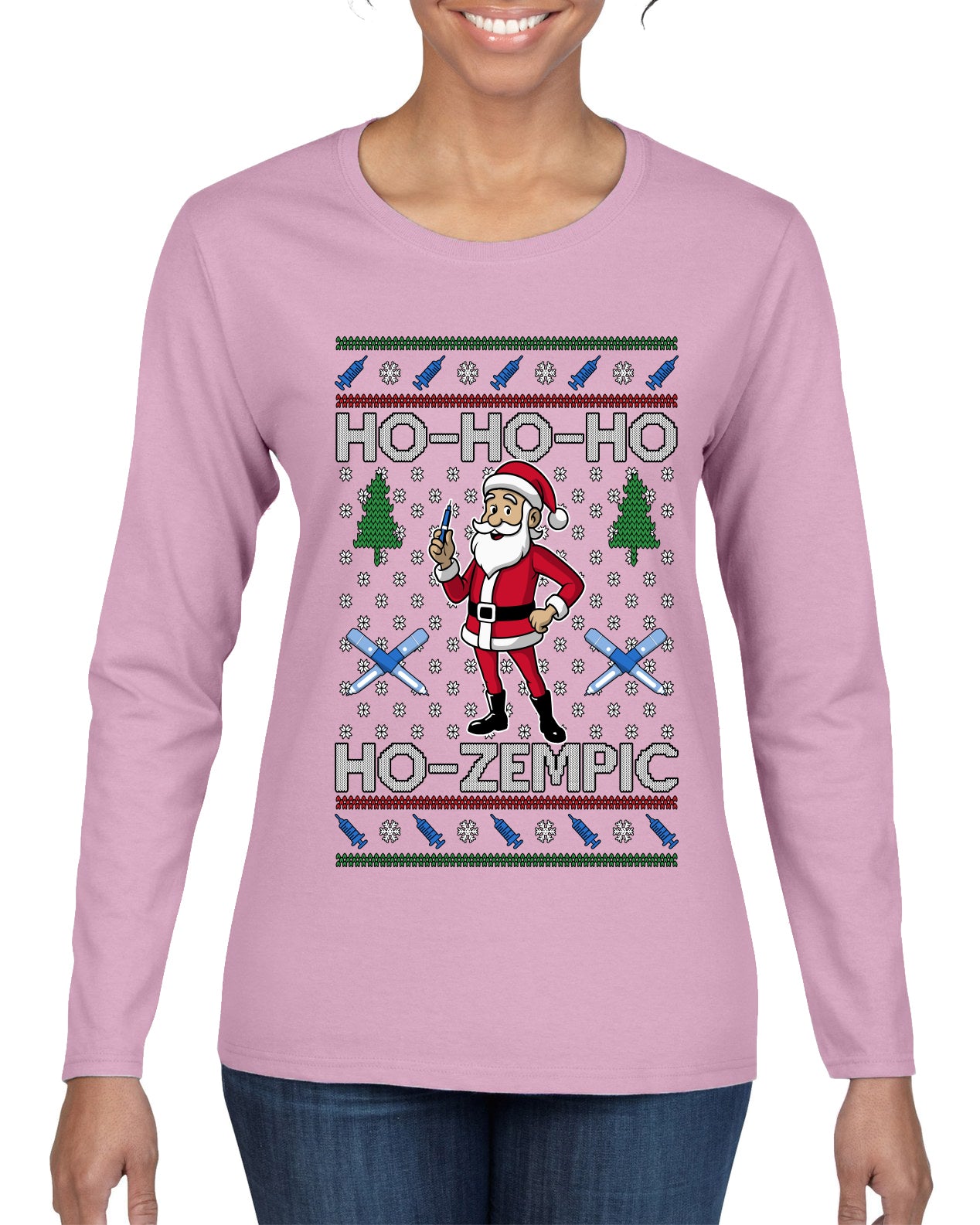 Skinny Santa Ho Ho Ho Ho-Zempic Weight Loss Shot, Ugly Christmas Sweater Womens Graphic Long Sleeve T-Shirt