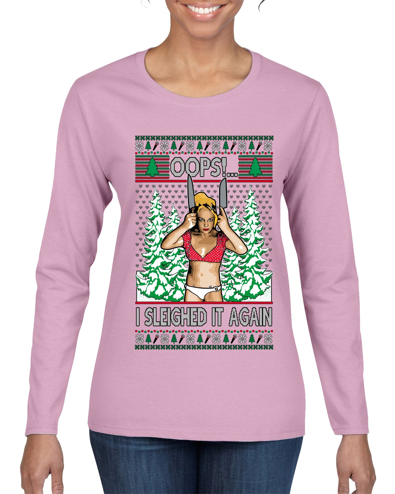 Funny, Knives Popstar Dancing, Music Lover Comedic Christmas Sweater Design, Ugly Christmas Sweater Womens Graphic Long Sleeve T-Shirt
