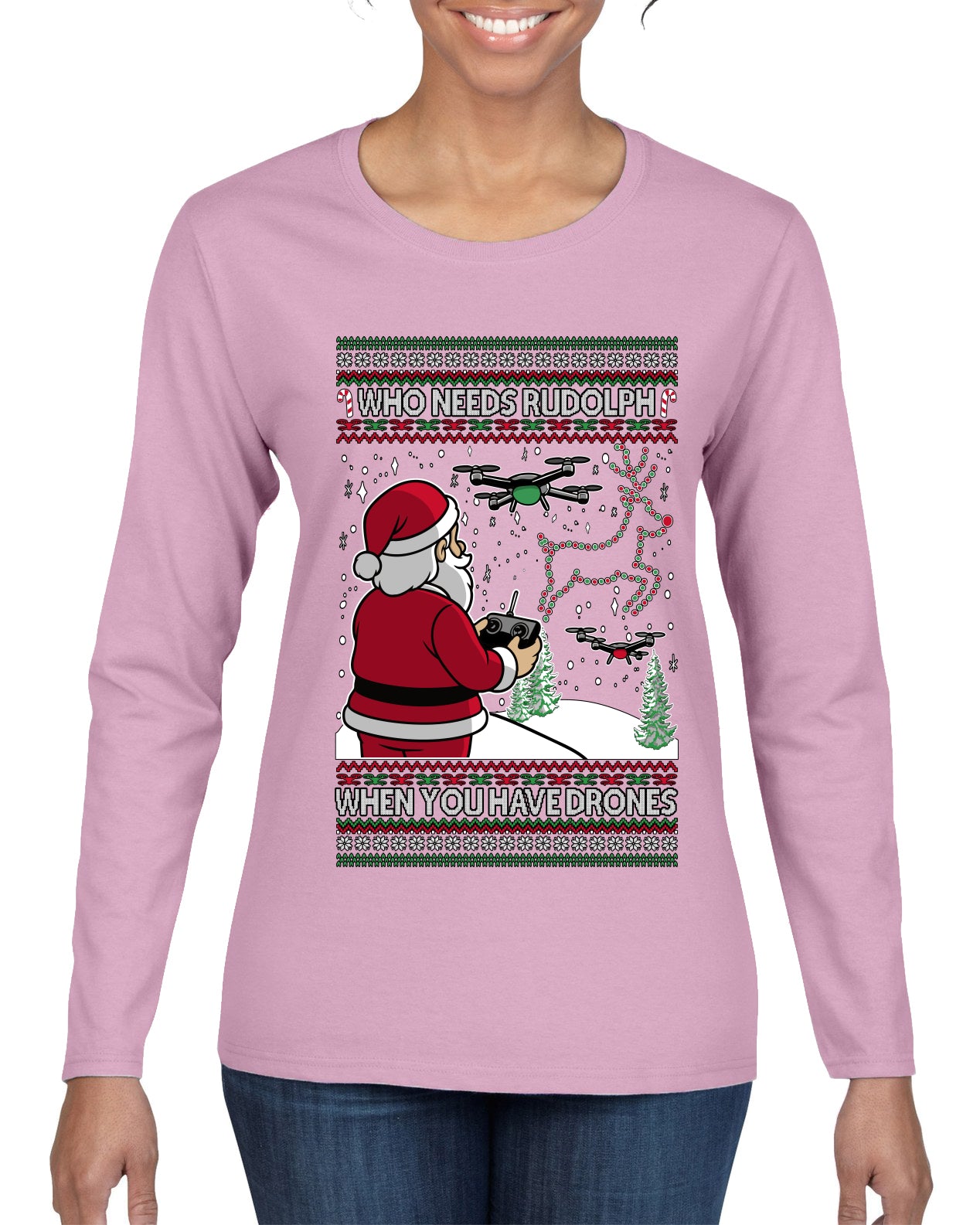 Santa Drone Show Reindeer, Ugly Christmas Sweater Womens Graphic Long Sleeve T-Shirt