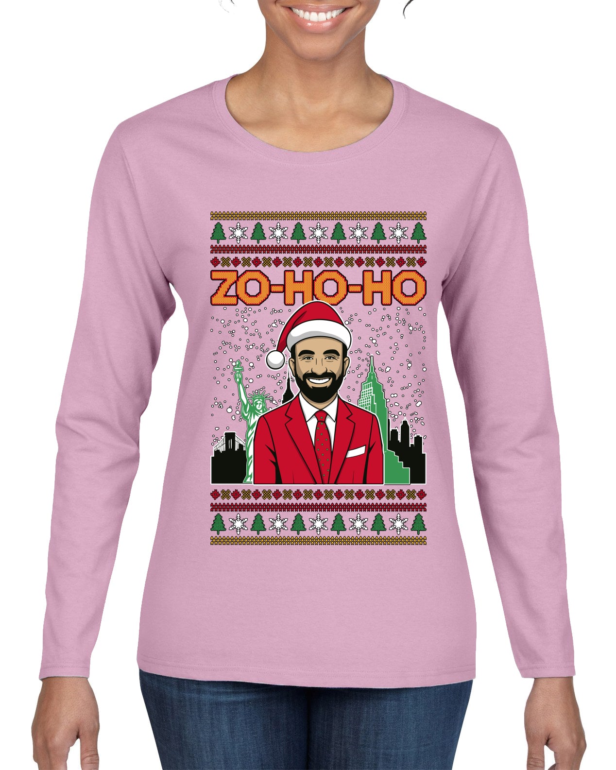 Zo Ho Ho Zohran Mamdani NYC, Ugly Christmas Sweater Womens Graphic Long Sleeve T-Shirt
