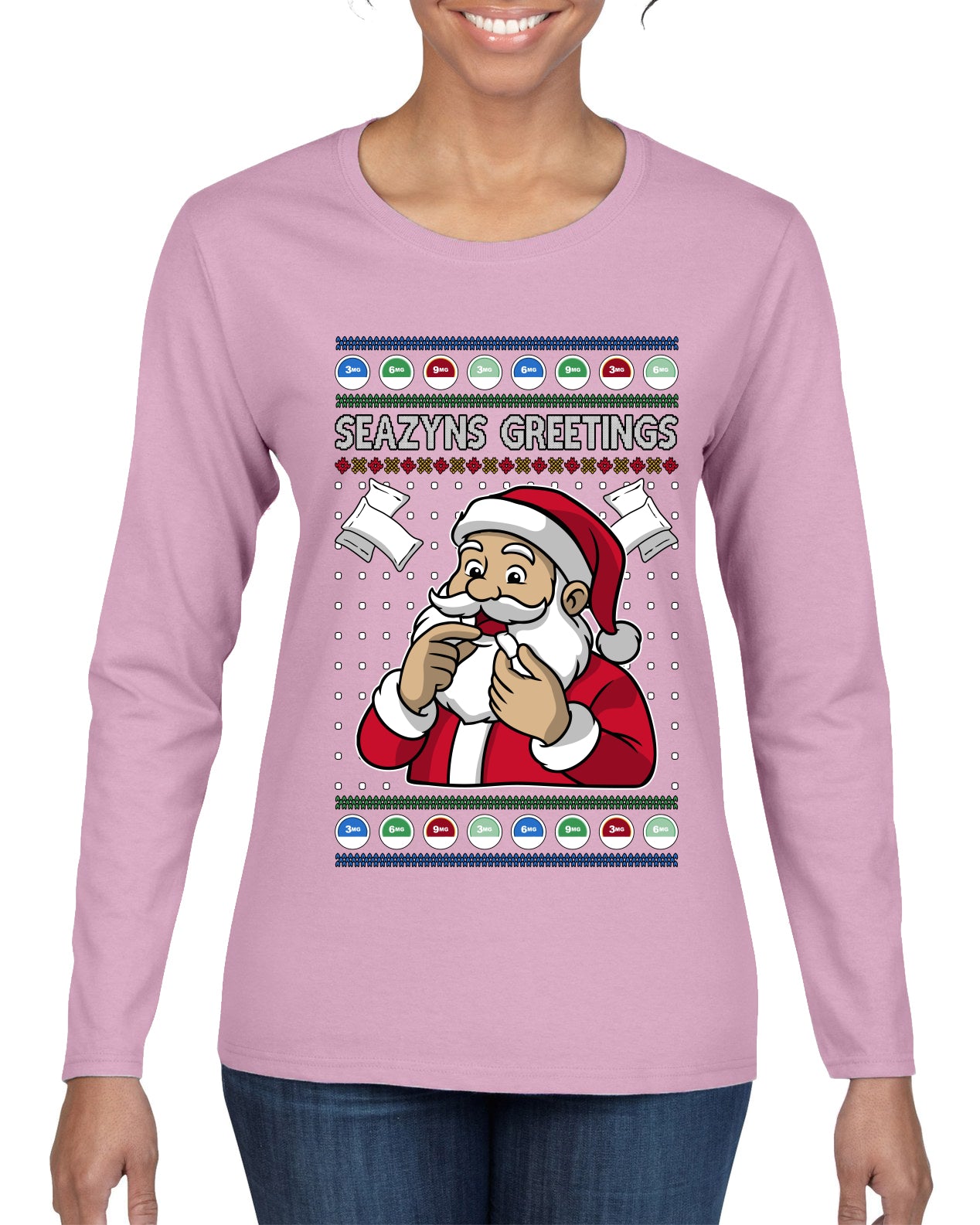Seazyns Greeting Santa Packing Lip Pouch, Ugly Christmas Sweater Womens Graphic Long Sleeve T-Shirt