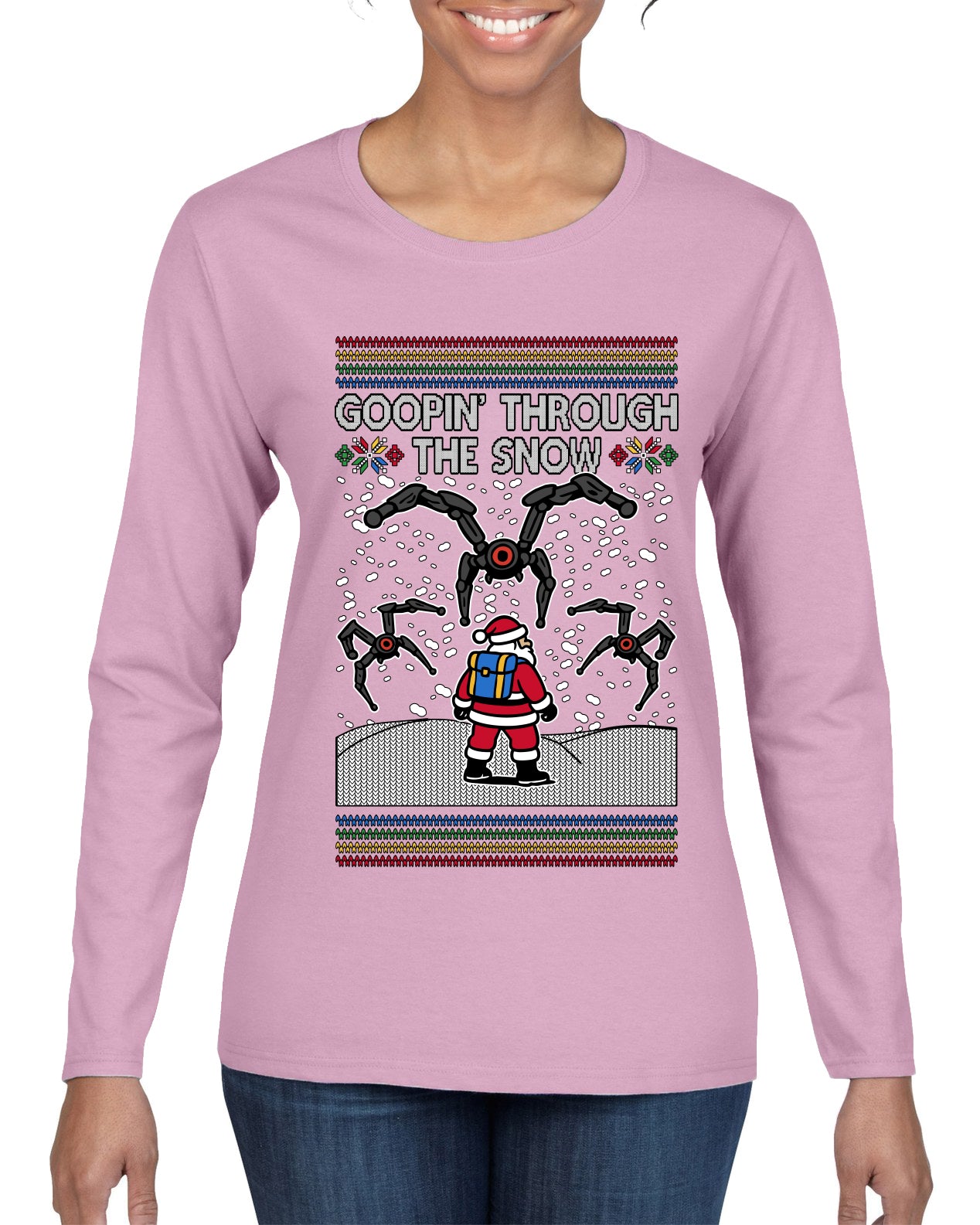 Goopin' Through The Snow Gamer Santa, Ugly Christmas Sweater Womens Graphic Long Sleeve T-Shirt