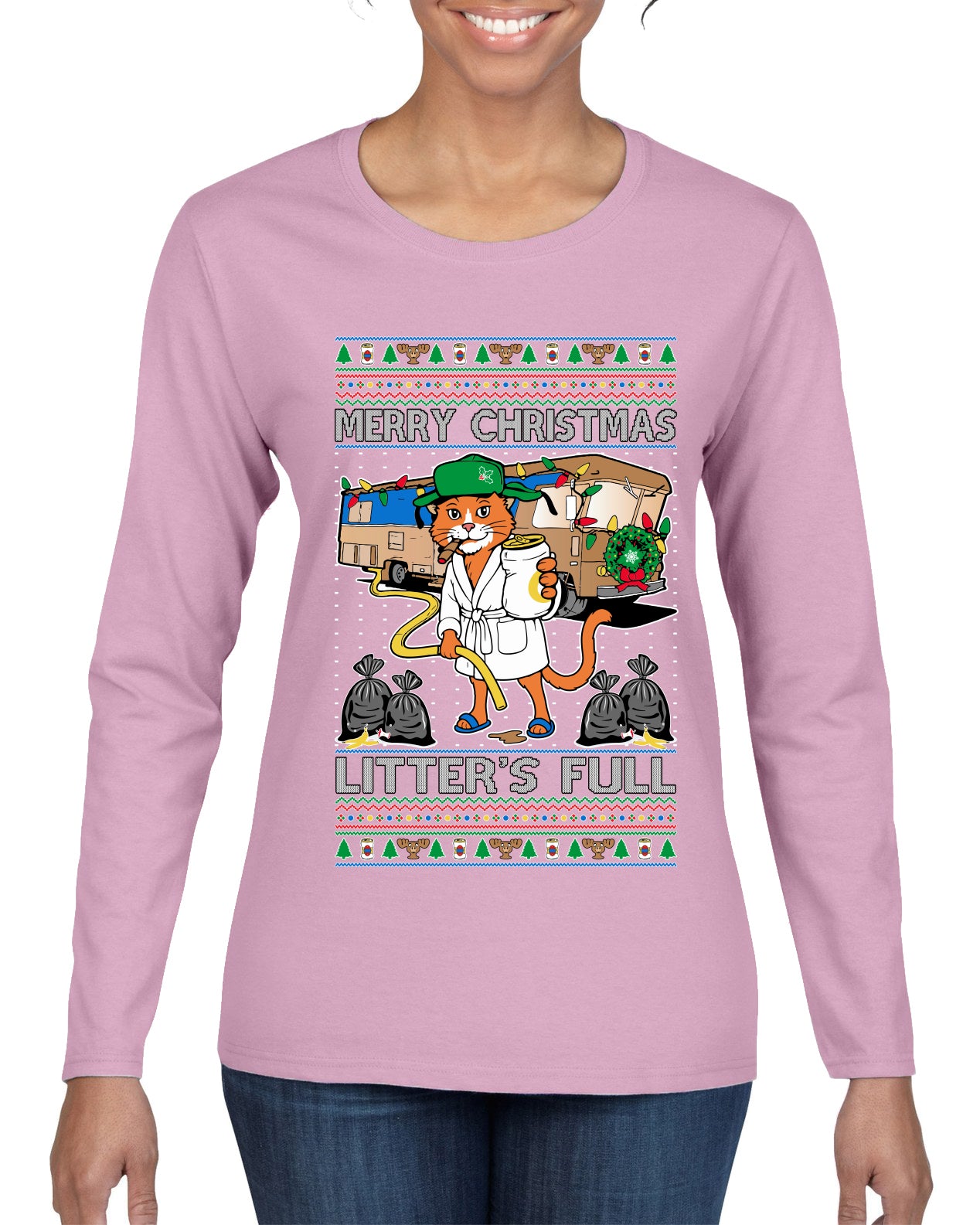 Litters Full Cat, Ugly Christmas Sweater Womens Graphic Long Sleeve T-Shirt