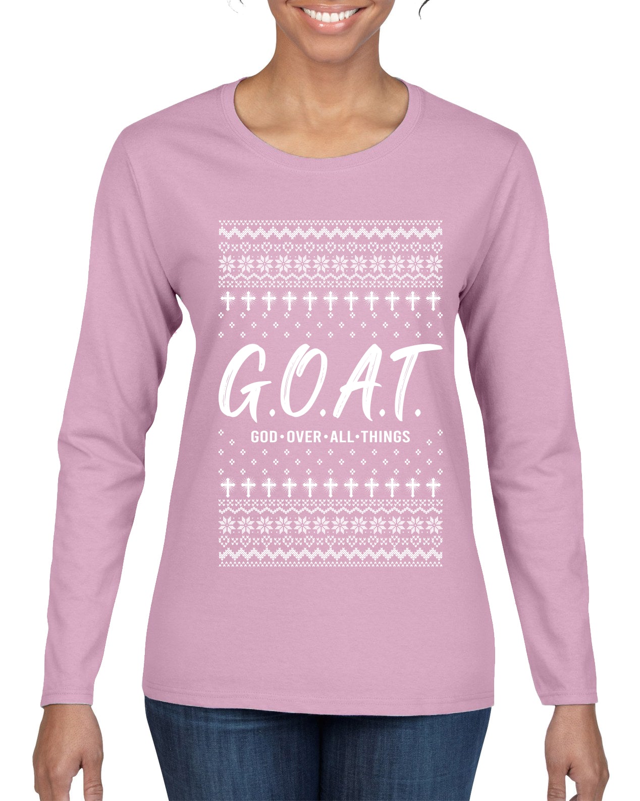 G.O.A.T. God Over All Things, Ugly Christmas Sweater Womens Graphic Long Sleeve T-Shirt