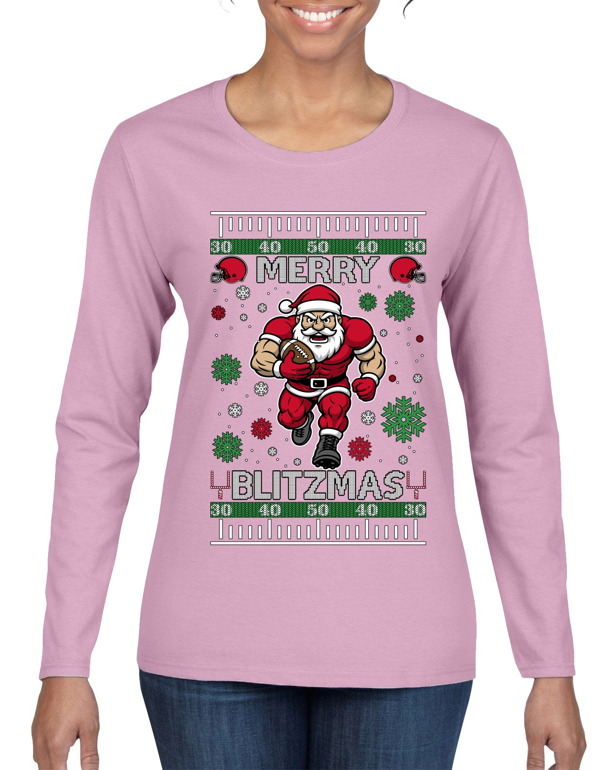 Merry Blitzmas, Football Christmas Sweater Design, Ugly Christmas Sweater Womens Graphic Long Sleeve T-Shirt