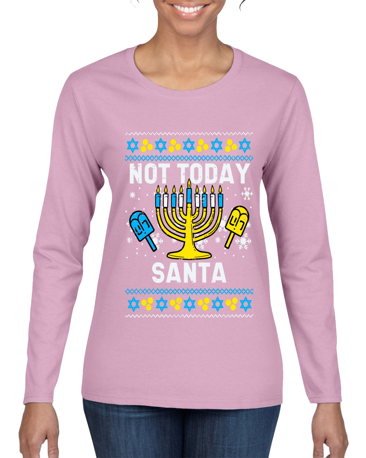 Not Today Santa Menorah Hanukkah, Ugly Christmas Sweater Womens Graphic Long Sleeve T-Shirt