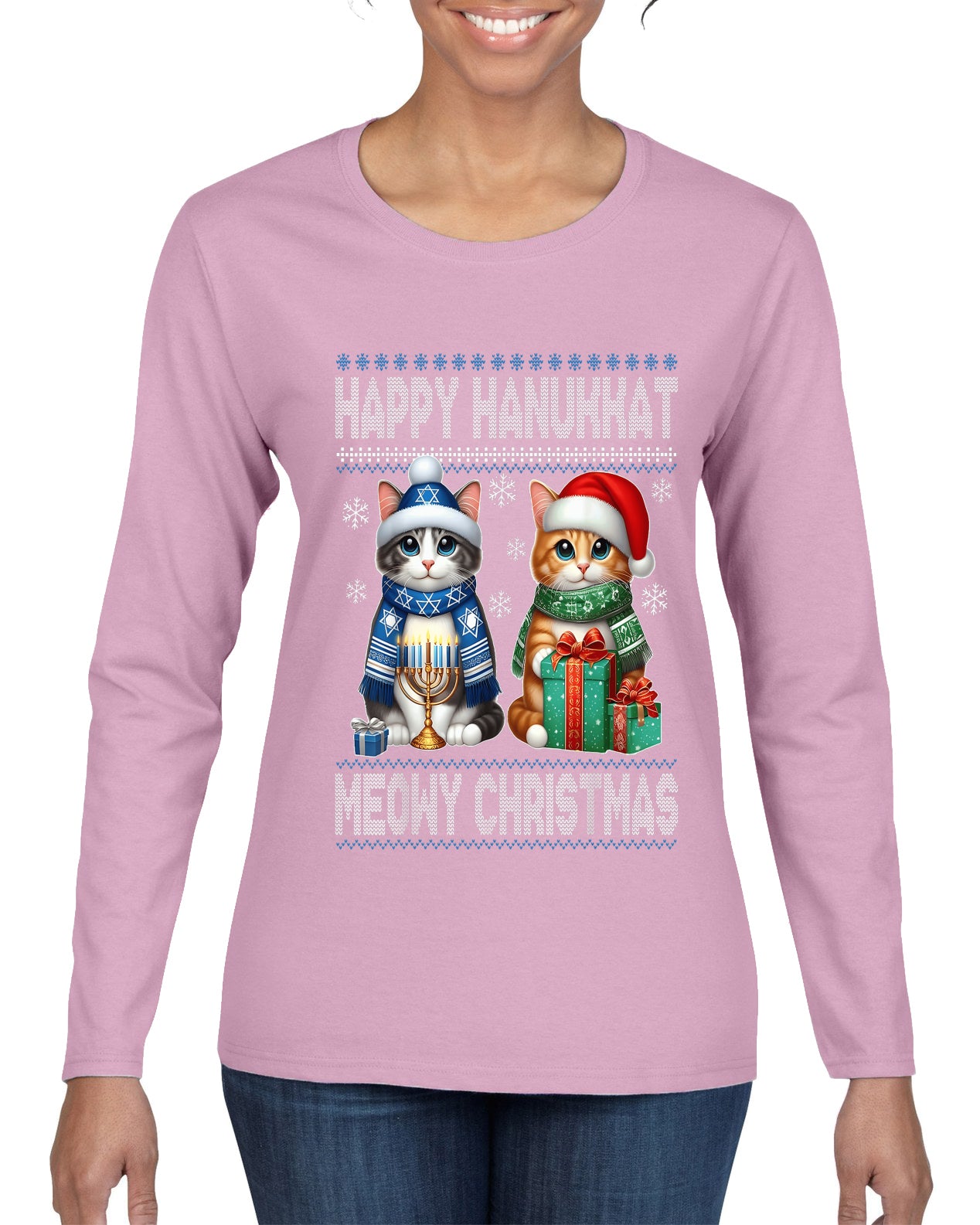 Happy Hanukkat Meowy Christmas, Ugly Christmas Sweater Womens Graphic Long Sleeve T-Shirt