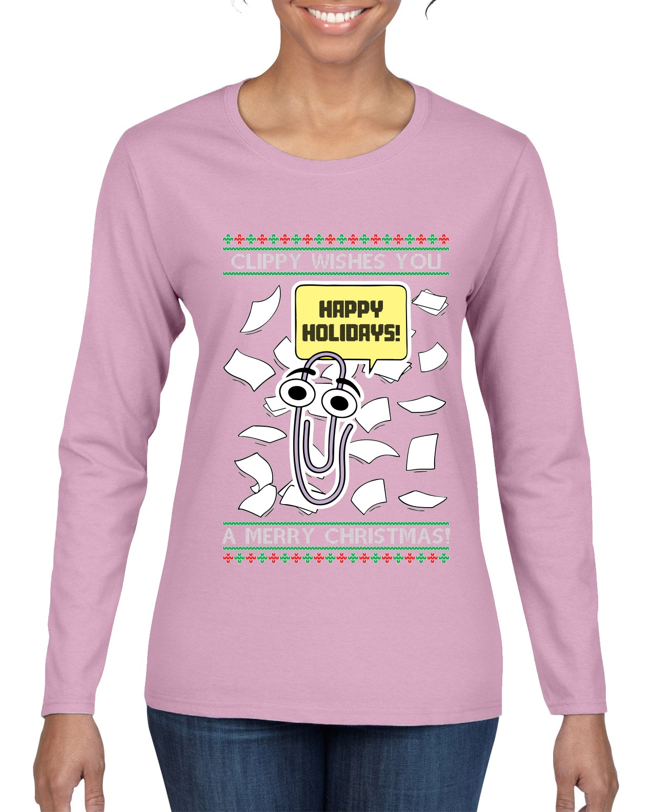 Clippy Wishes You A Merry Christmas Office Assistant, Ugly Christmas Sweater Womens Graphic Long Sleeve T-Shirt