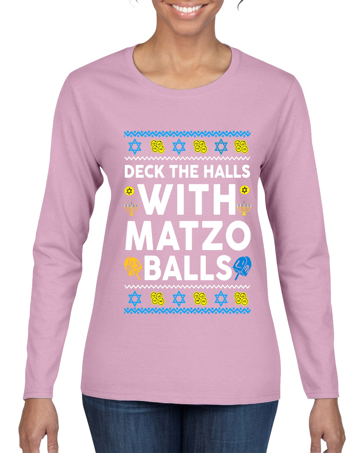 Deck The Halls With Matzo Balls Hanukkah, Ugly Christmas Sweater Womens Graphic Long Sleeve T-Shirt