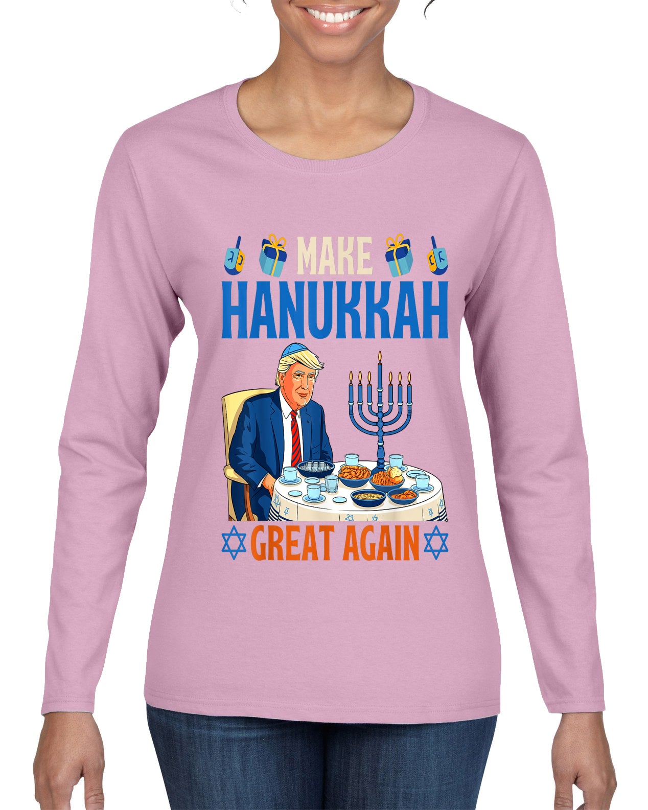 Make Hanukkah Great Again, Ugly Christmas Sweater Womens Graphic Long Sleeve T-Shirt