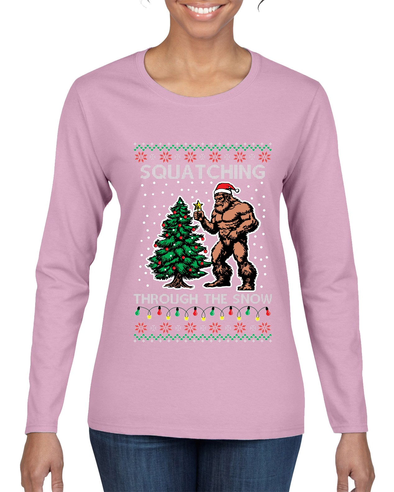 Squatching Through The Snow Bigfoot, Ugly Christmas Sweater Womens Graphic Long Sleeve T-Shirt