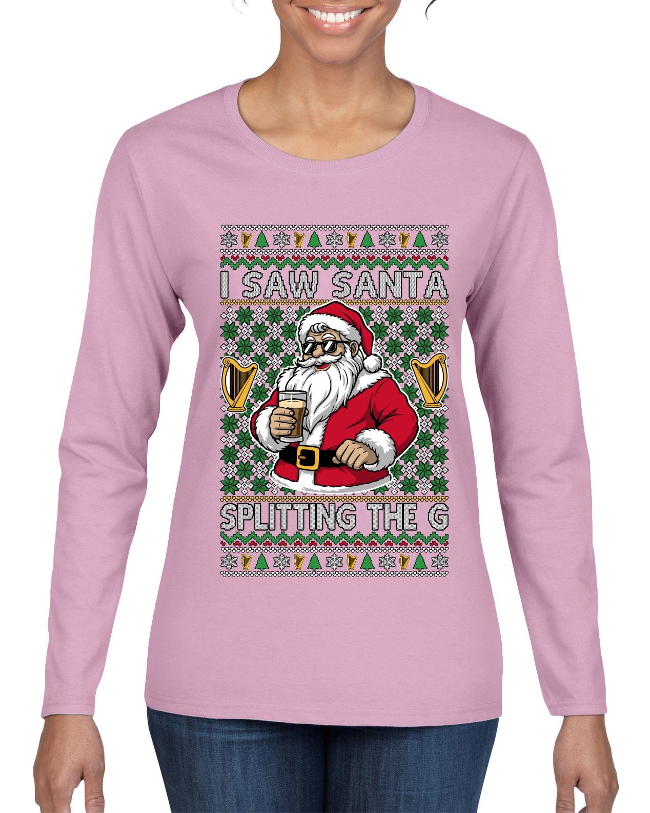 I Saw Santa Splitting The G, Ugly Christmas Sweater Womens Graphic Long Sleeve T-Shirt