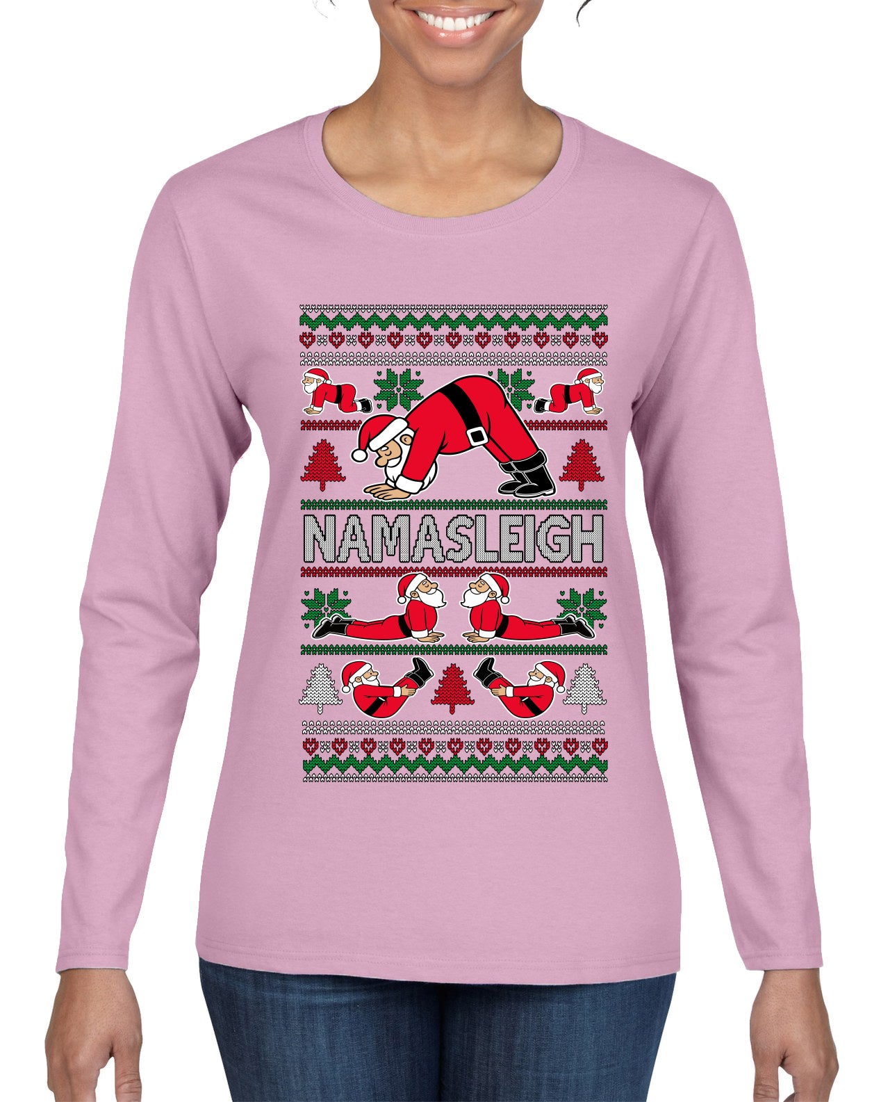 Namasleigh, Namaste Yoga Santa Claus, Ugly Christmas Sweater Womens Graphic Long Sleeve T-Shirt
