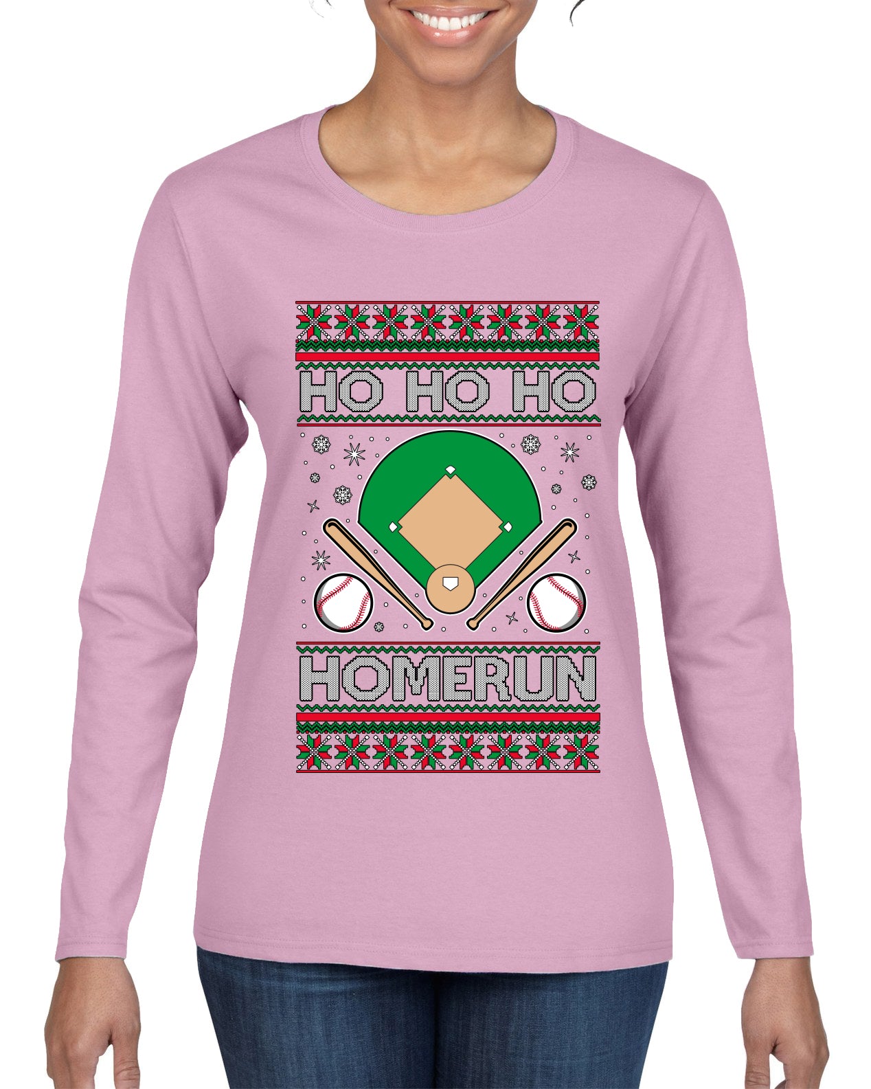 Ho Ho Ho Homerun, Baseball Fan Christmas Design, Ugly Christmas Sweater Womens Graphic Long Sleeve T-Shirt