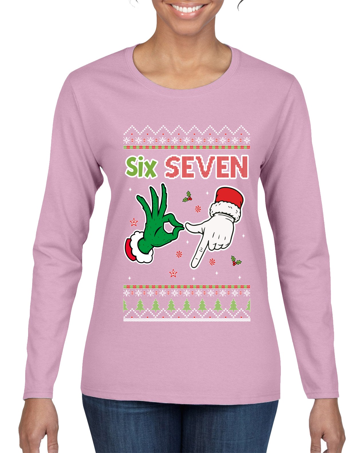 6 7 Christmas Hands, Ugly Christmas Sweater Womens Graphic Long Sleeve T-Shirt