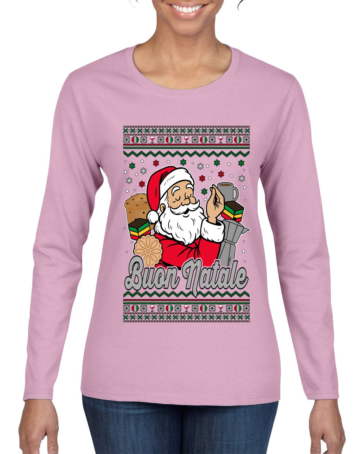 Buon Natale, Italian Santa Claus, Funny, Italian American Humor, Ugly Christmas Sweater Womens Graphic Long Sleeve T-Shirt