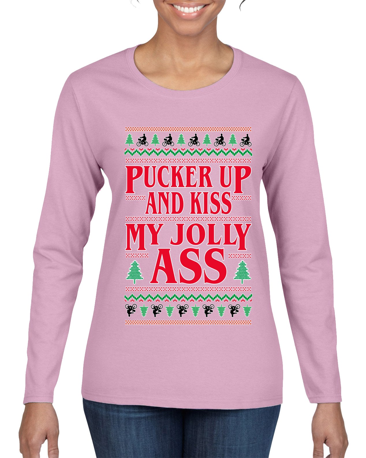 Pucker Up And Kiss My Jolly Ass, Ugly Christmas Sweater Womens Graphic Long Sleeve T-Shirt