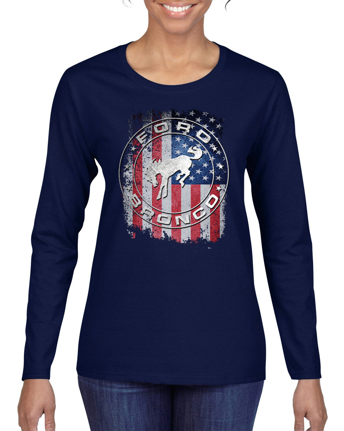 US Flag Ford Bronco Cars and Trucks Womens Graphic Long Sleeve T-Shirt