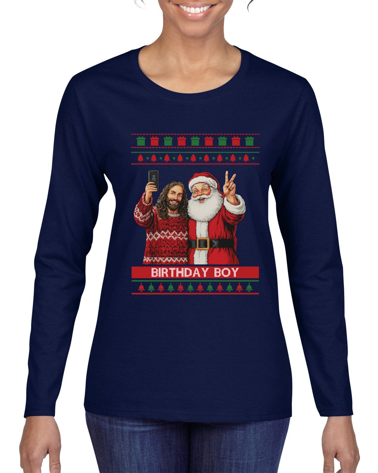 Birthday Boy Jesus, Ugly Christmas Sweater Womens Graphic Long Sleeve T-Shirt
