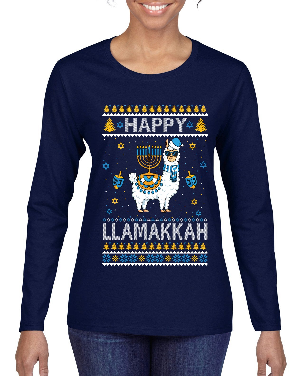Happy Llamakkah, Ugly Christmas Sweater Womens Graphic Long Sleeve T Shirt