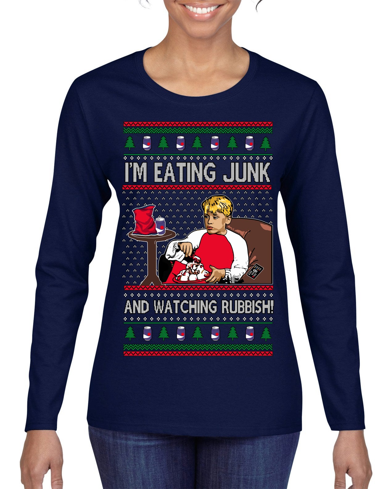 I'm Eating Junk and Watching Rubbish 90s Movie Ice Cream Ugly Christmas Sweater Womens Graphic Long Sleeve T-Shirt