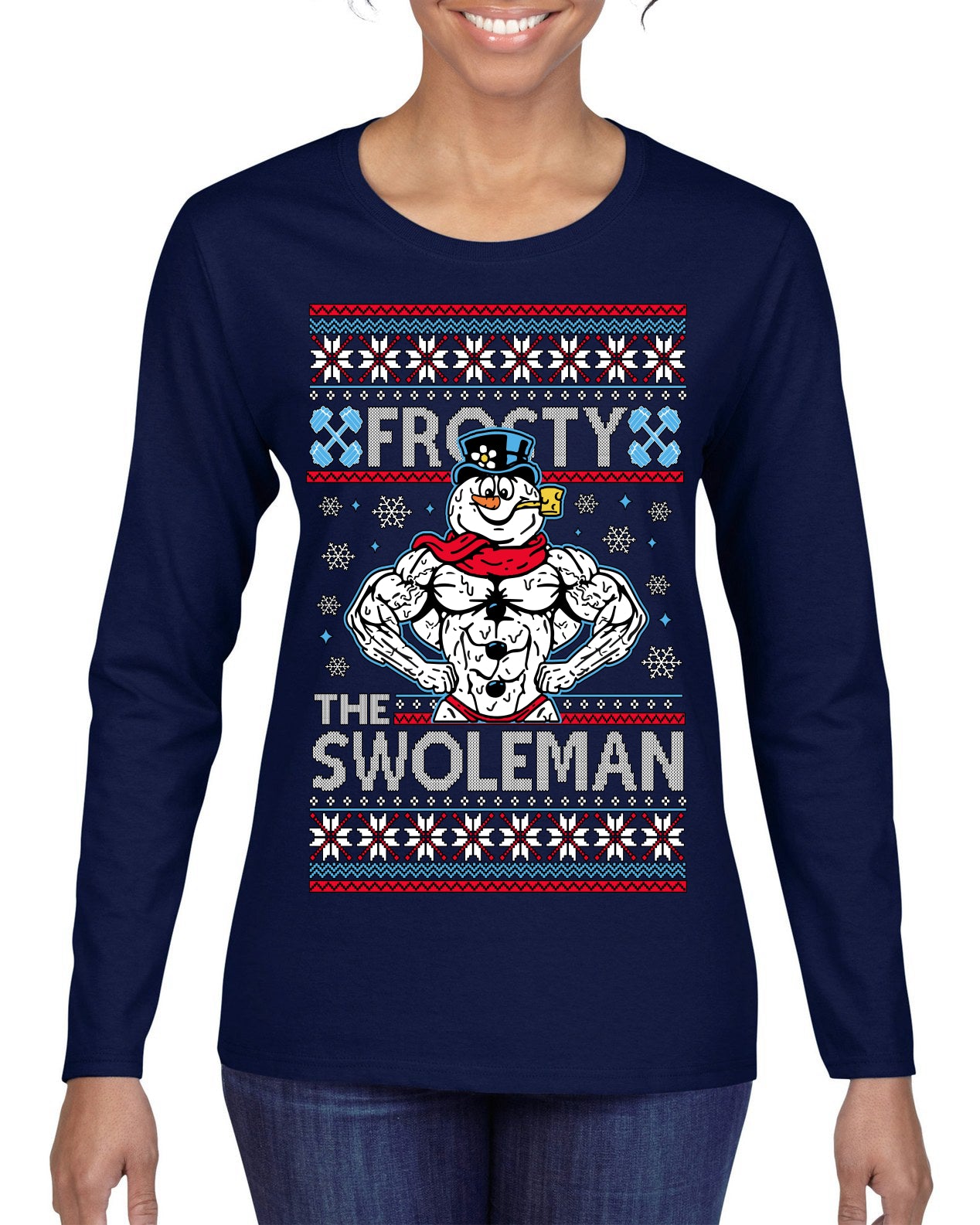 Frosty the Swoleman Funny Workout Lifting Snowman MovieUgly Christmas Sweater Womens Graphic Long Sleeve T-Shirt