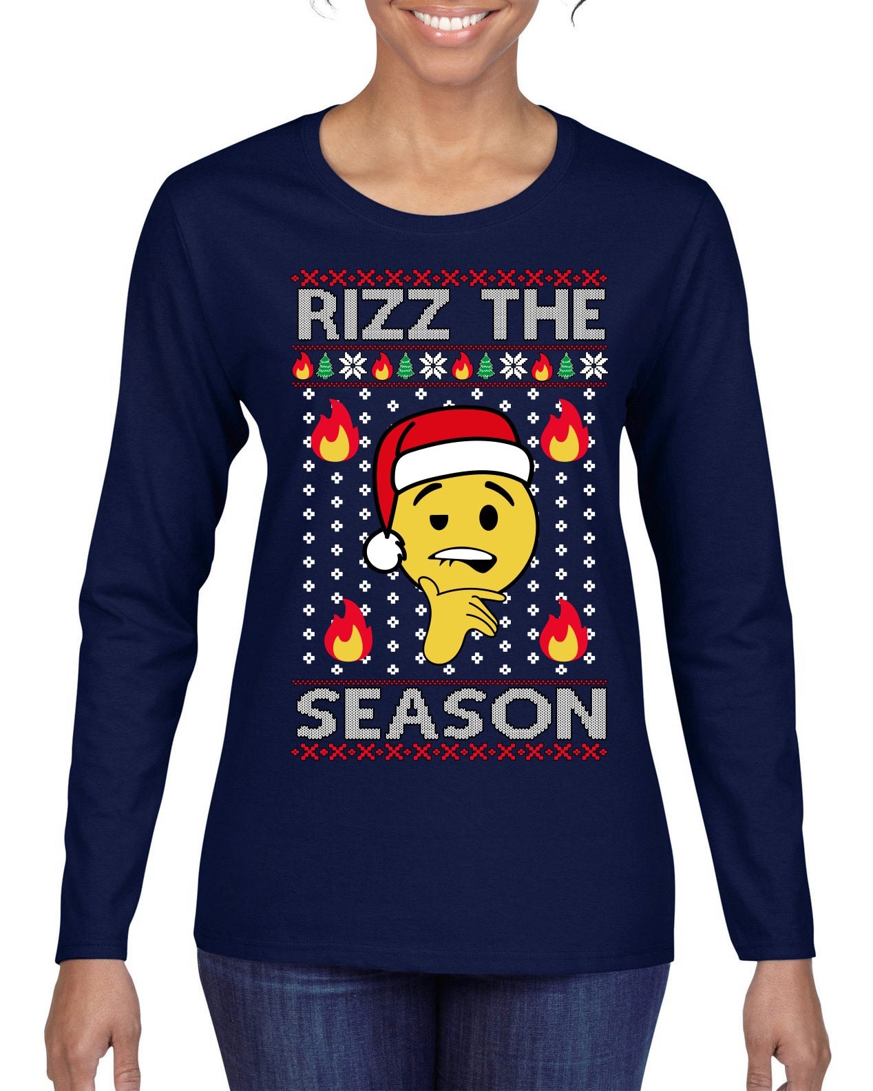 Rizz the Season Viral Internet Fire Emoji Face Meme Ugly Christmas Sweater Womens Graphic Long Sleeve T-Shirt