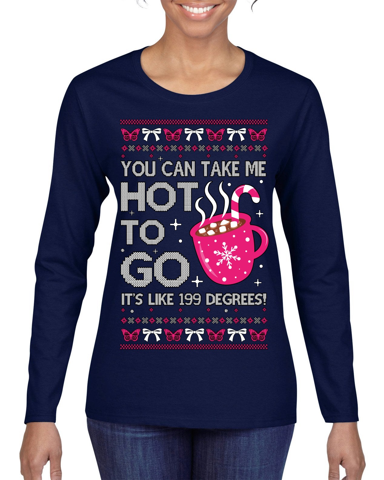 You Can Take Me Hot to Go, Hot Cocoa Viral Song Pop Music Ugly Christmas Sweater Womens Graphic Long Sleeve T-Shirt